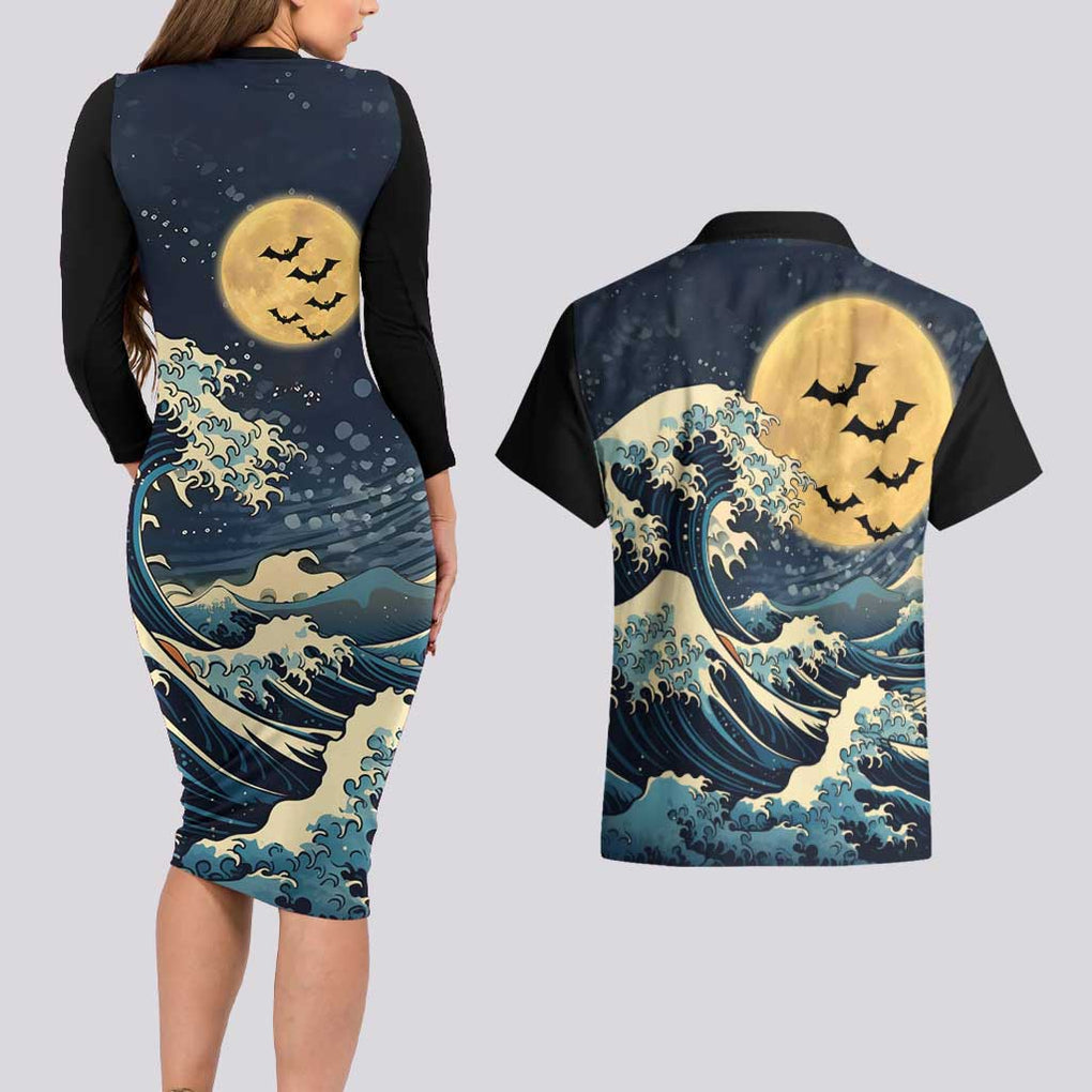 Kanagawa Wave Janpan Halloween Couples Matching Long Sleeve Bodycon Dress and Hawaiian Shirt Japan Art Style