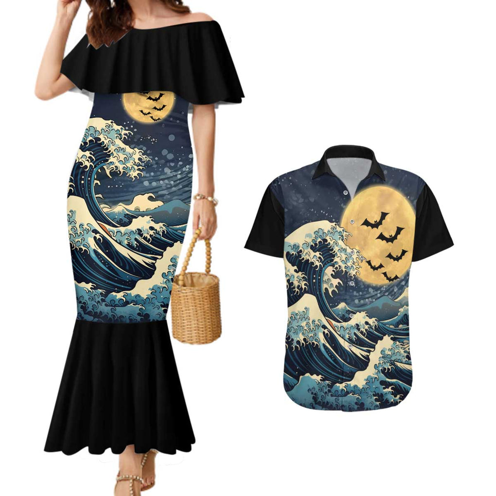 Kanagawa Wave Janpan Halloween Couples Matching Mermaid Dress and Hawaiian Shirt Japan Art Style