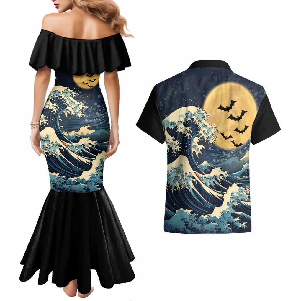 Kanagawa Wave Janpan Halloween Couples Matching Mermaid Dress and Hawaiian Shirt Japan Art Style