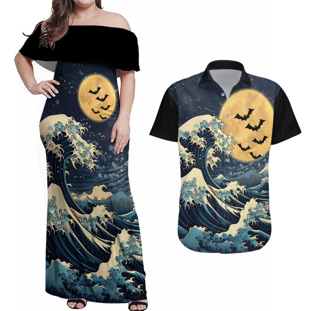 Kanagawa Wave Janpan Halloween Couples Matching Off Shoulder Maxi Dress and Hawaiian Shirt Japan Art Style
