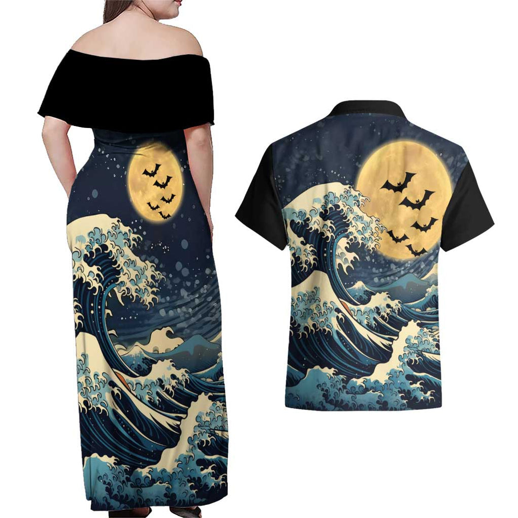 Kanagawa Wave Janpan Halloween Couples Matching Off Shoulder Maxi Dress and Hawaiian Shirt Japan Art Style