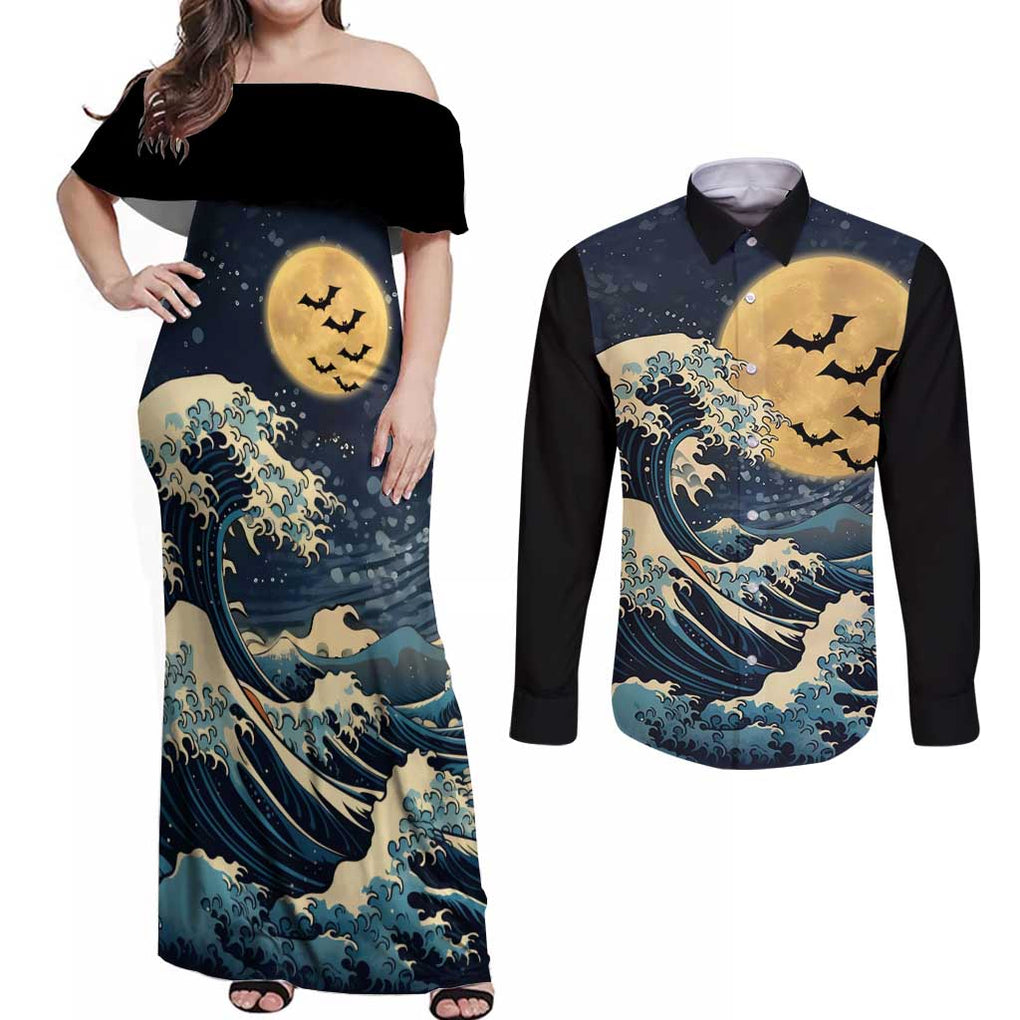 Kanagawa Wave Janpan Halloween Couples Matching Off Shoulder Maxi Dress and Long Sleeve Button Shirt Japan Art Style