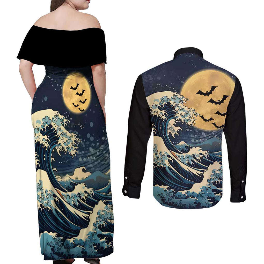 Kanagawa Wave Janpan Halloween Couples Matching Off Shoulder Maxi Dress and Long Sleeve Button Shirt Japan Art Style
