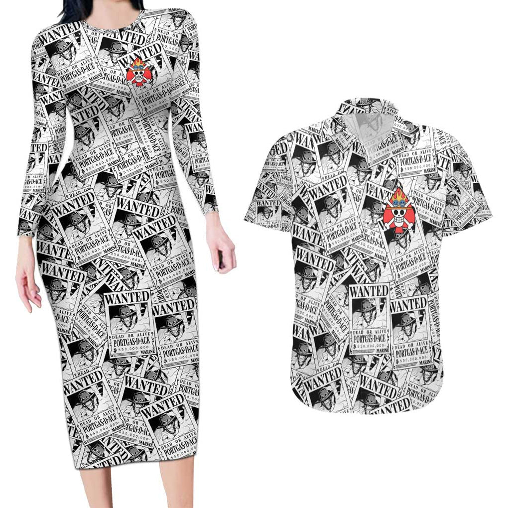 Portgas D. Ace Wanted - One Piece Couples Matching Long Sleeve Bodycon Dress and Hawaiian Shirt Anime Style