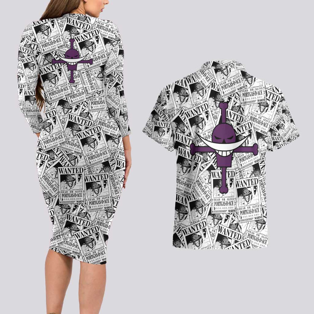 Portgas D. Ace Wanted - One Piece Couples Matching Long Sleeve Bodycon Dress and Hawaiian Shirt Anime Style
