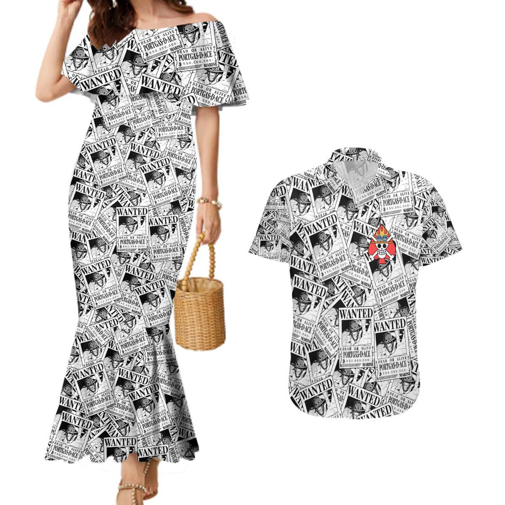 Portgas D. Ace Wanted - One Piece Couples Matching Mermaid Dress and Hawaiian Shirt Anime Style