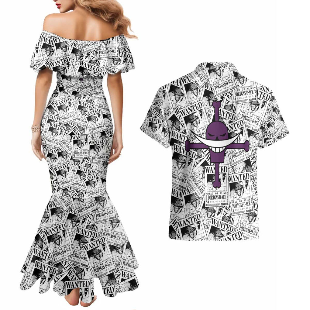 Portgas D. Ace Wanted - One Piece Couples Matching Mermaid Dress and Hawaiian Shirt Anime Style