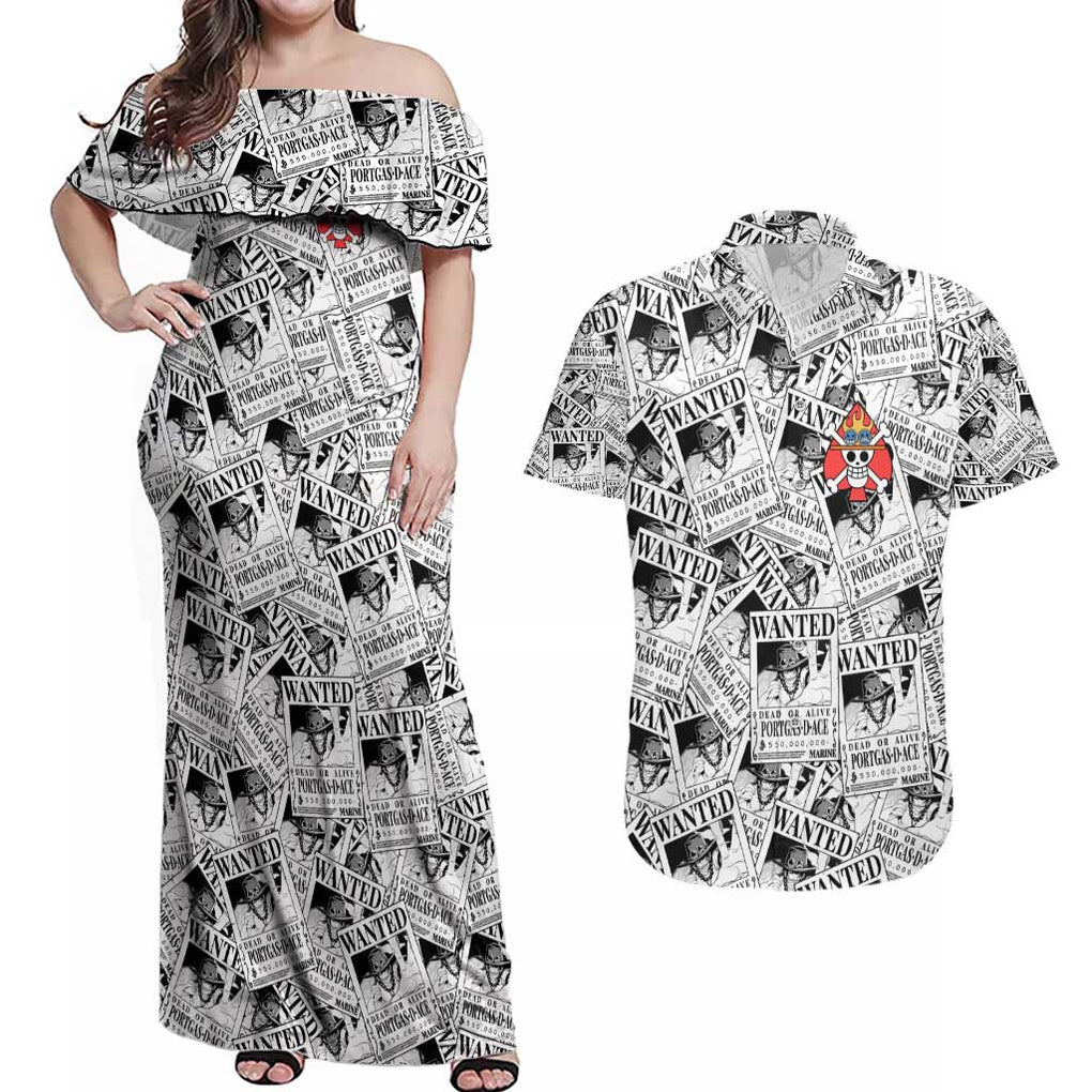 Portgas D. Ace Wanted - One Piece Couples Matching Off Shoulder Maxi Dress and Hawaiian Shirt Anime Style