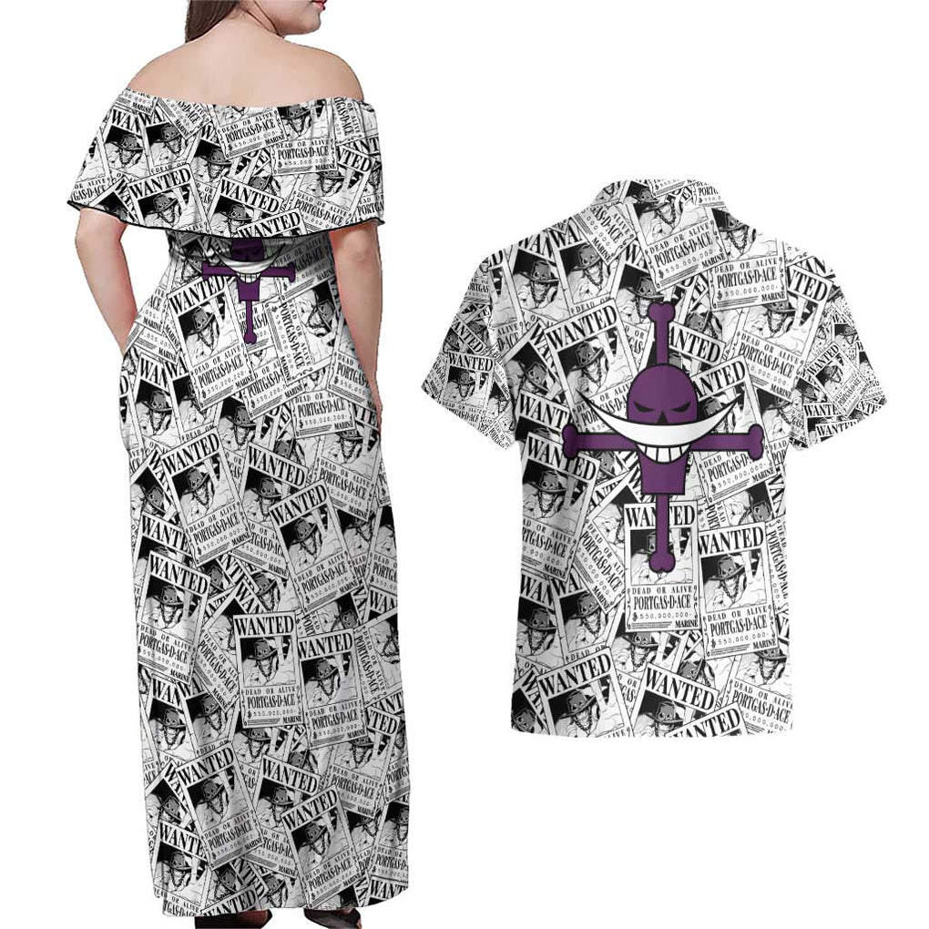Portgas D. Ace Wanted - One Piece Couples Matching Off Shoulder Maxi Dress and Hawaiian Shirt Anime Style