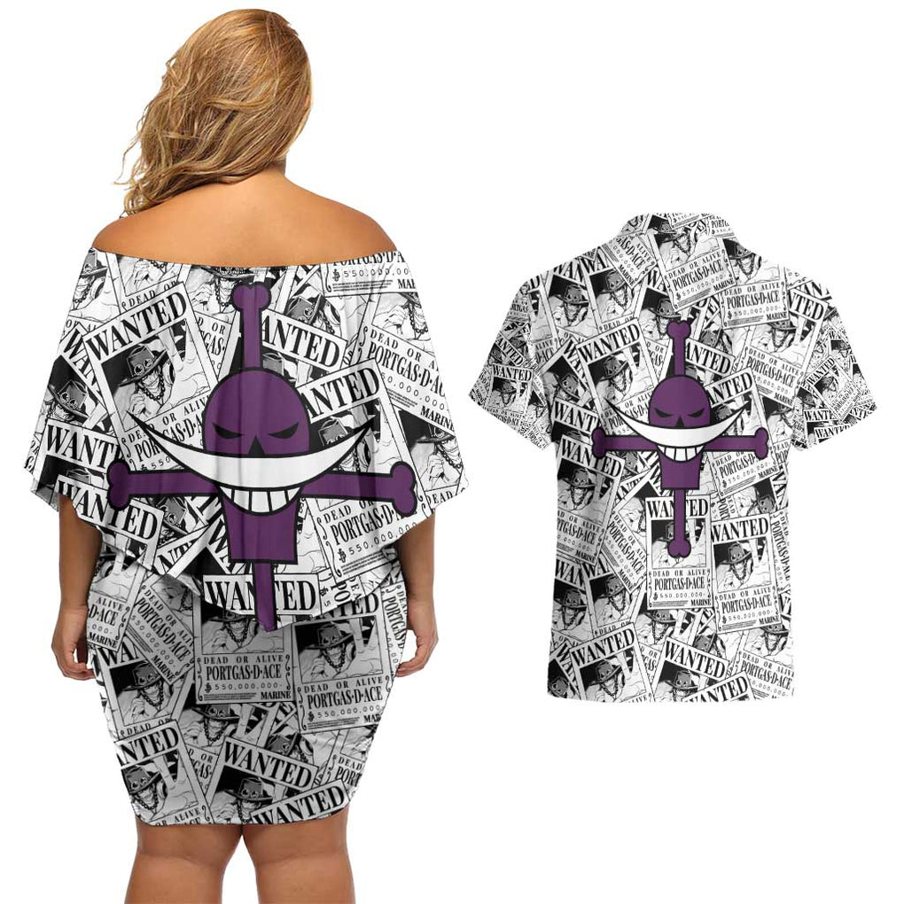 Portgas D. Ace Wanted - One Piece Couples Matching Off Shoulder Short Dress and Hawaiian Shirt Anime Style