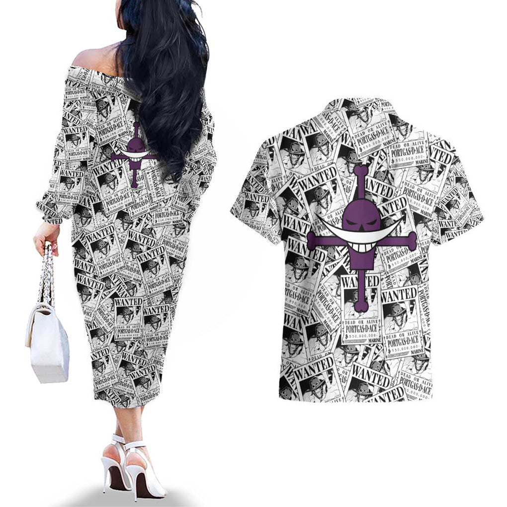 Portgas D. Ace Wanted - One Piece Couples Matching Off The Shoulder Long Sleeve Dress and Hawaiian Shirt Anime Style
