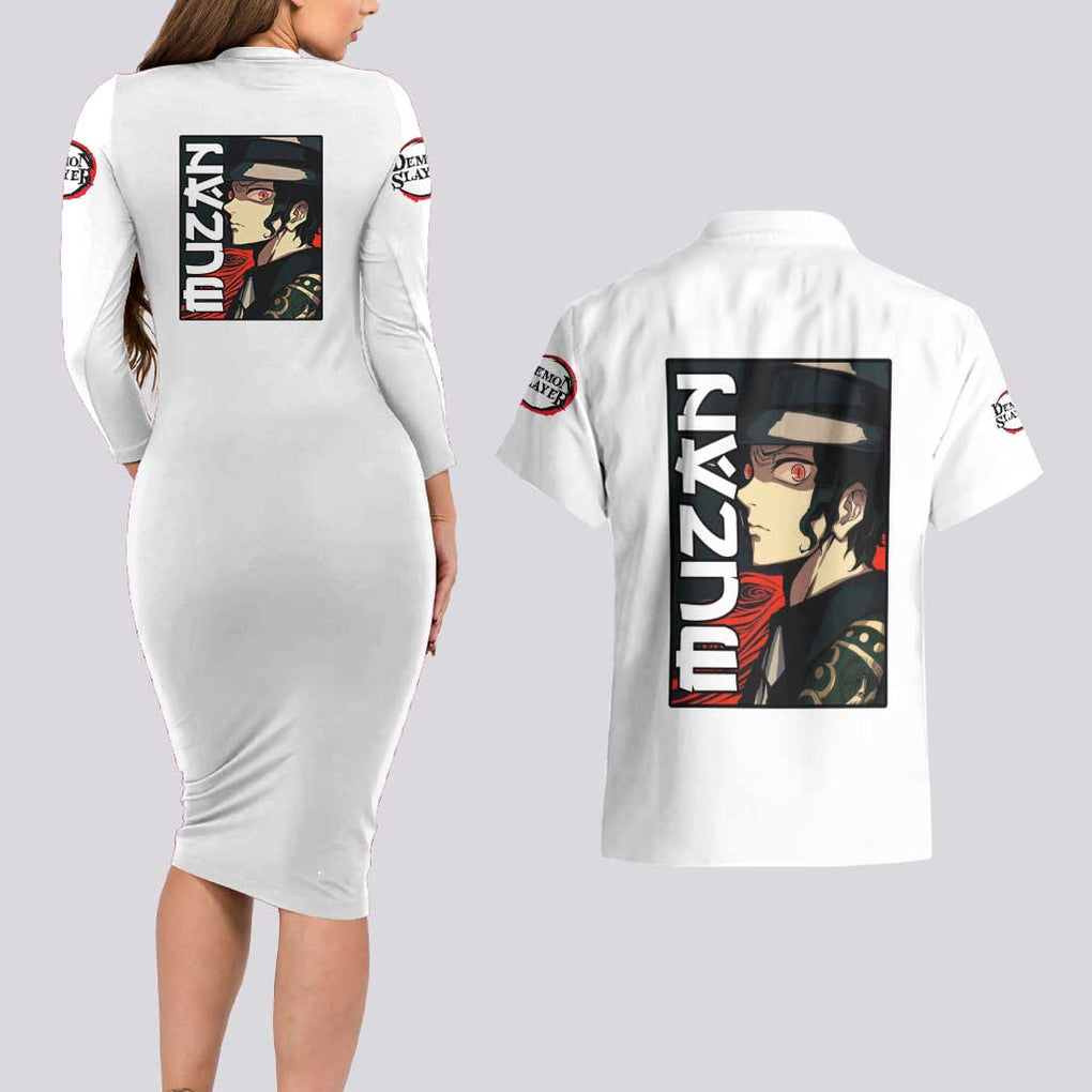 Muzan Kibutsuji - Demon Slayer Couples Matching Long Sleeve Bodycon Dress and Hawaiian Shirt Anime Style