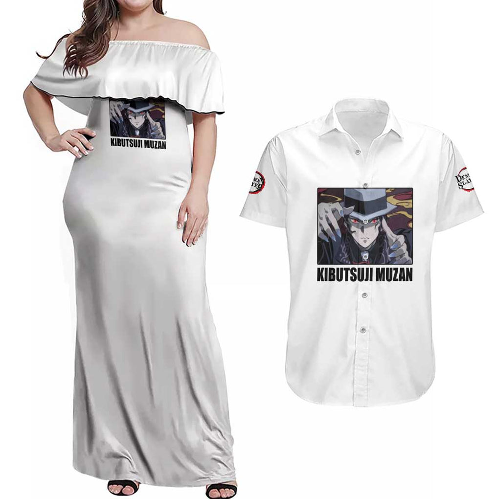 Muzan Kibutsuji - Demon Slayer Couples Matching Off Shoulder Maxi Dress and Hawaiian Shirt Anime Style