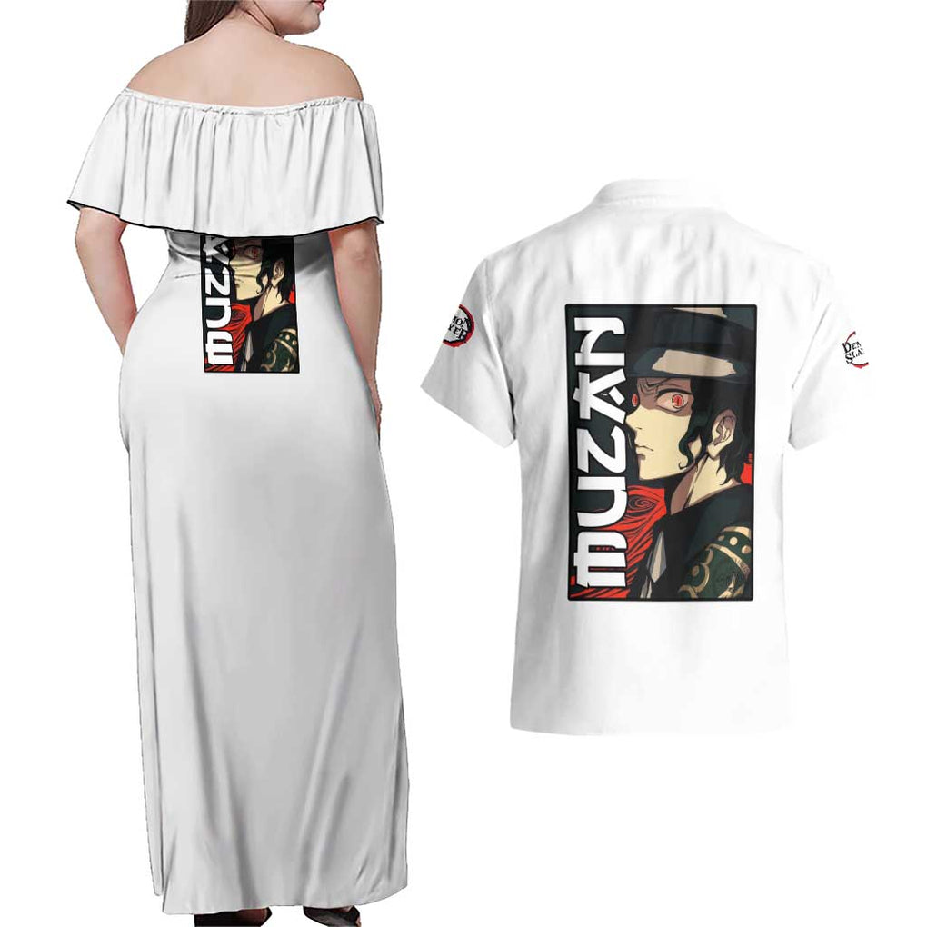 Muzan Kibutsuji - Demon Slayer Couples Matching Off Shoulder Maxi Dress and Hawaiian Shirt Anime Style