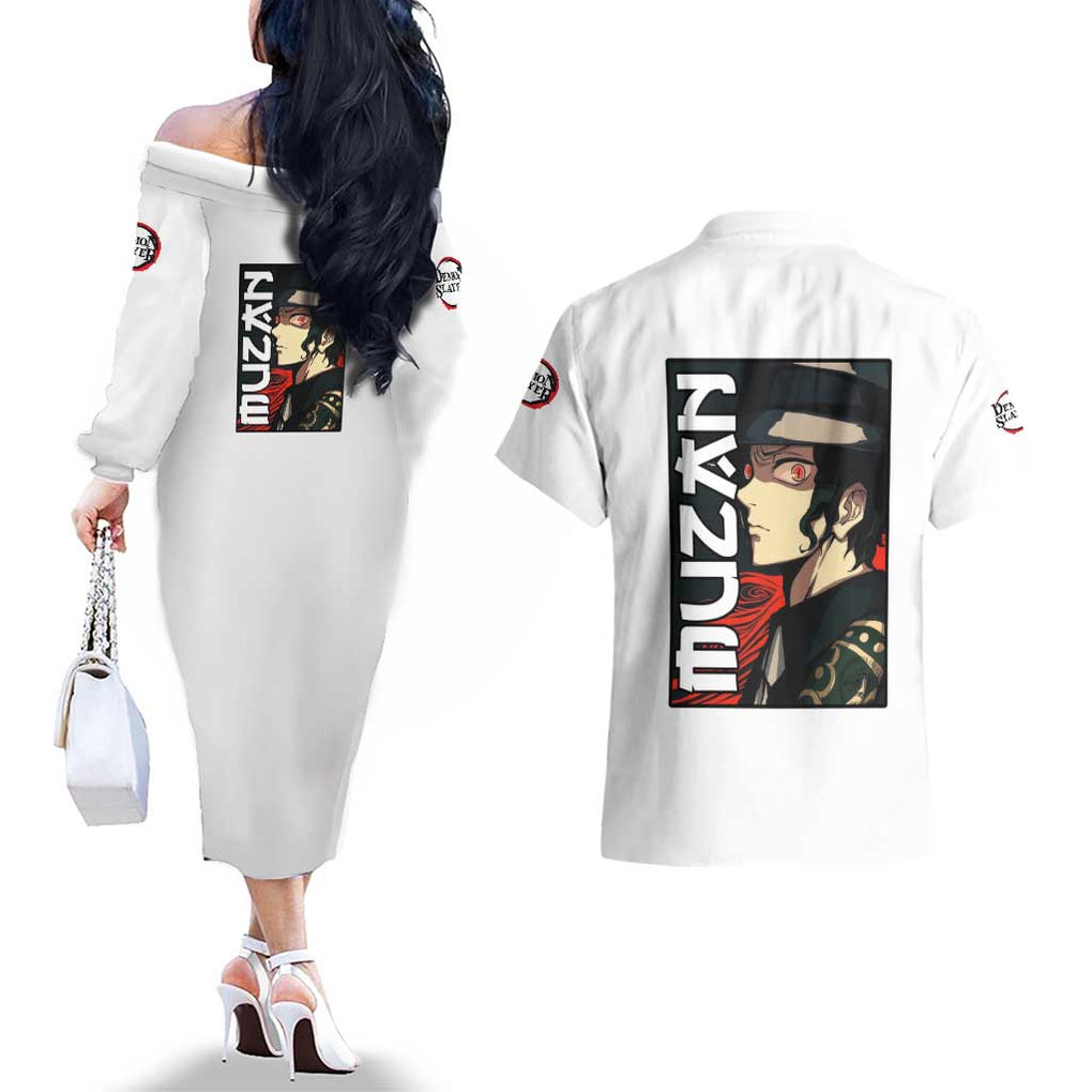 Muzan Kibutsuji - Demon Slayer Couples Matching Off The Shoulder Long Sleeve Dress and Hawaiian Shirt Anime Style