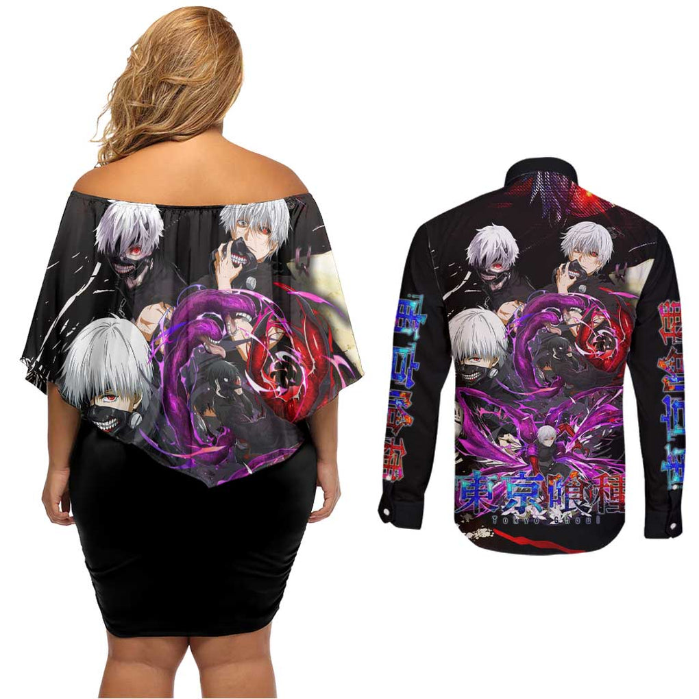 Kaneki Ken Tokyo Ghoul Grunge Couples Matching Off Shoulder Short Dress and Long Sleeve Button Shirt Anime Style