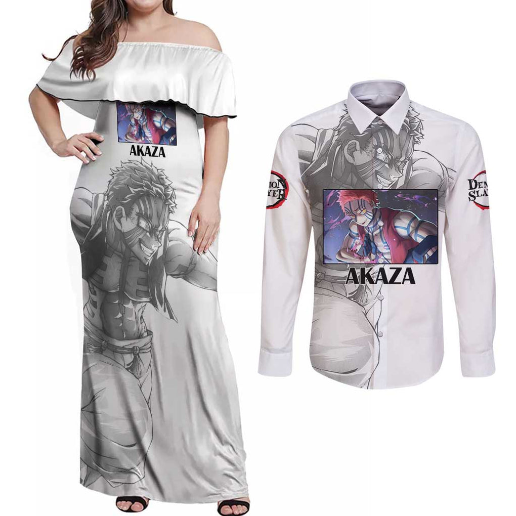 Akaza - Demon Slayer - Kimesu no Yaiba Couples Matching Off Shoulder Maxi Dress and Long Sleeve Button Shirt Japan Art Style