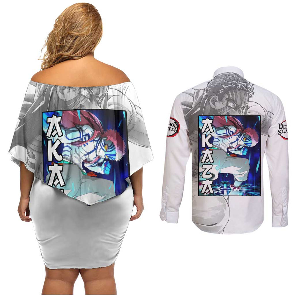 Akaza - Demon Slayer - Kimesu no Yaiba Couples Matching Off Shoulder Short Dress and Long Sleeve Button Shirt Japan Art Style