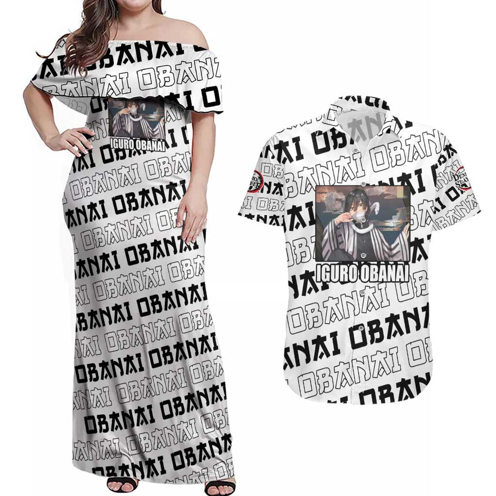 Iguro Obanai - Demon Slayer Couples Matching Off Shoulder Maxi Dress and Hawaiian Shirt Anime Style