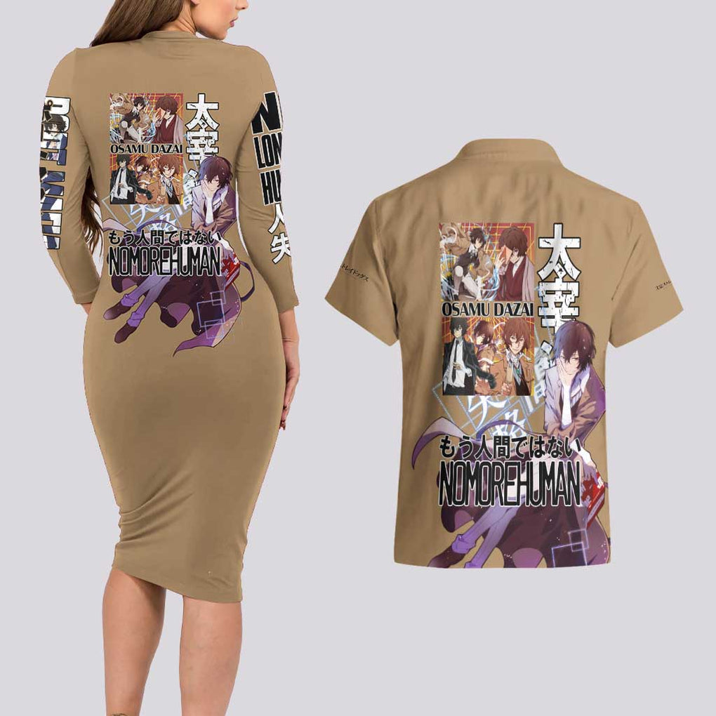Osamu Dazai Bungou Stray Dogs Couples Matching Long Sleeve Bodycon Dress and Hawaiian Shirt Anime Style