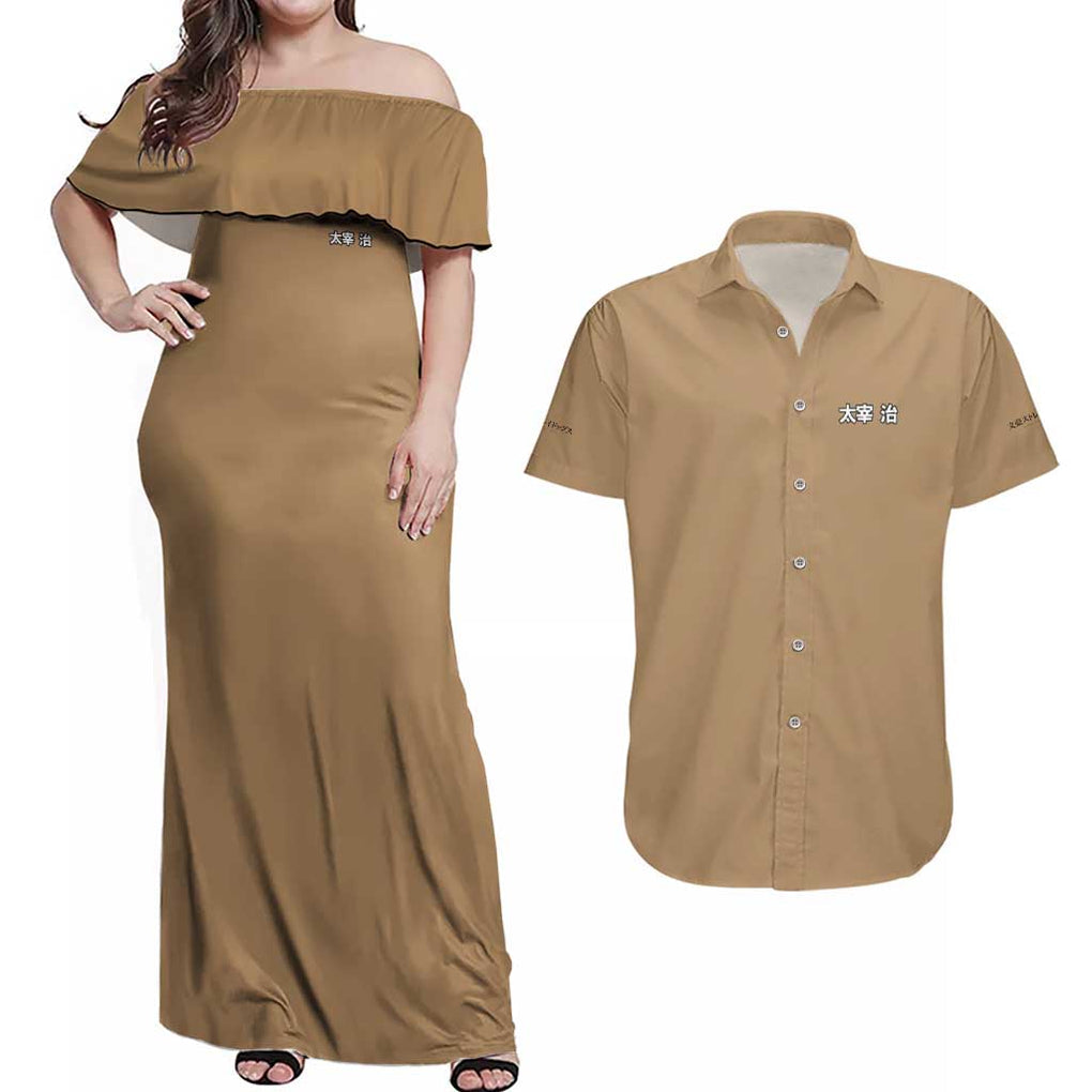 Osamu Dazai Bungou Stray Dogs Couples Matching Off Shoulder Maxi Dress and Hawaiian Shirt Anime Style