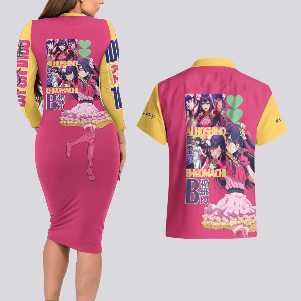 Ai Hoshino Oshi no Ko Couples Matching Long Sleeve Bodycon Dress and Hawaiian Shirt Anime Style