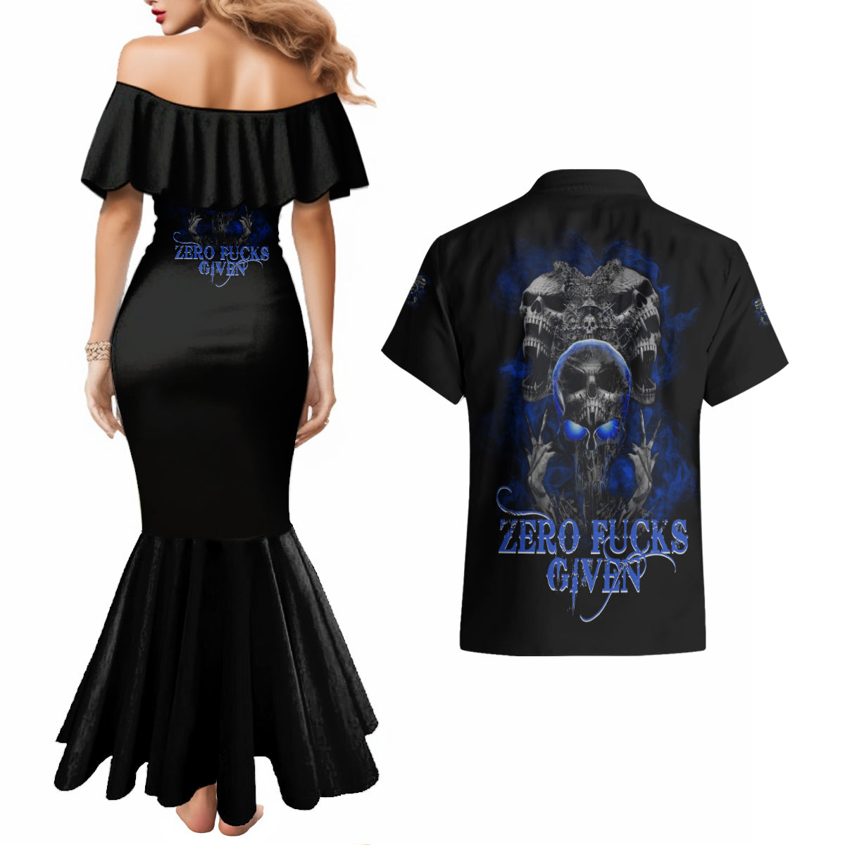skull-butterfly-demon-zero-fck-given-couples-matching-mermaid-dress-and-hawaiian-shirt