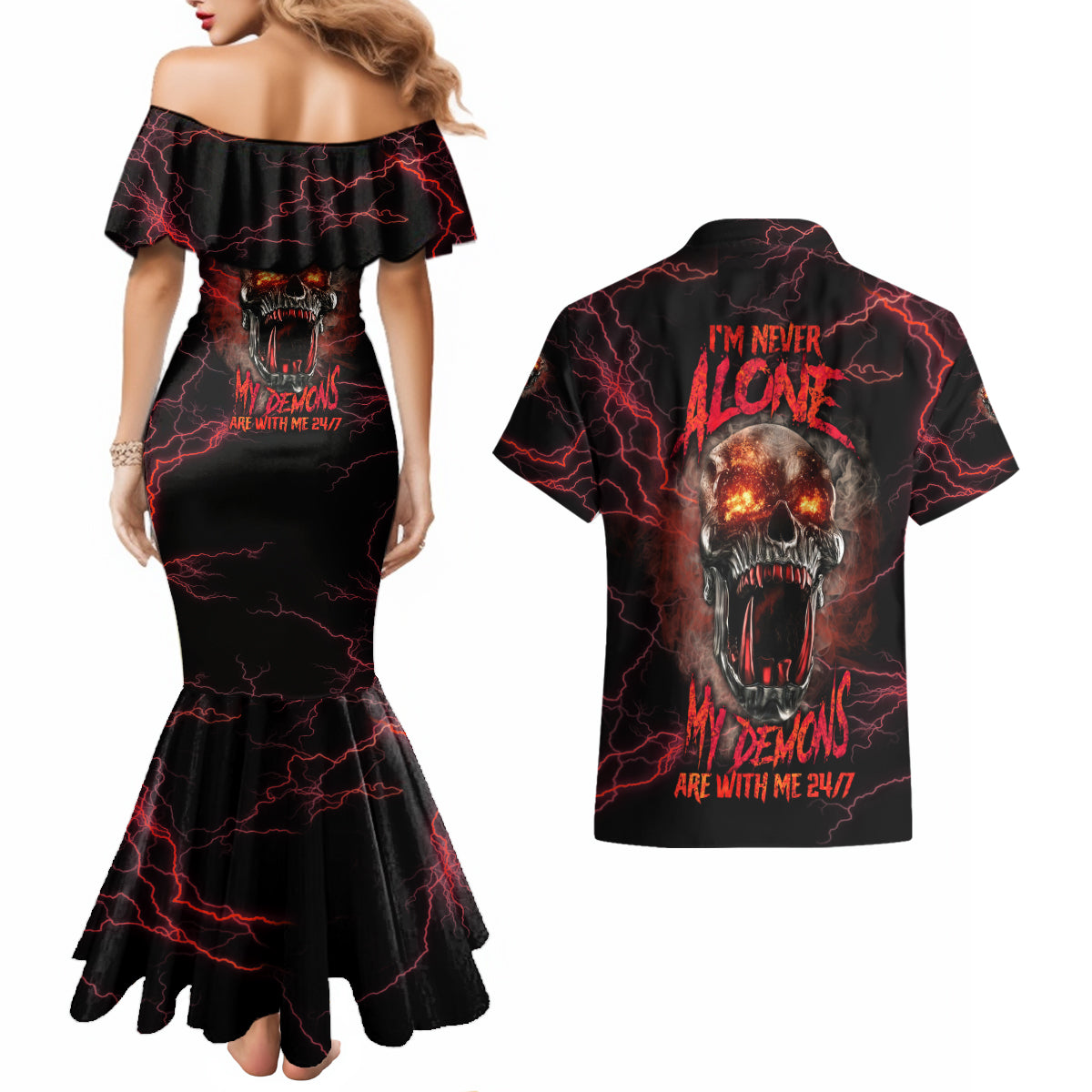 im-never-alone-skull-demon-couples-matching-mermaid-dress-and-hawaiian-shirt