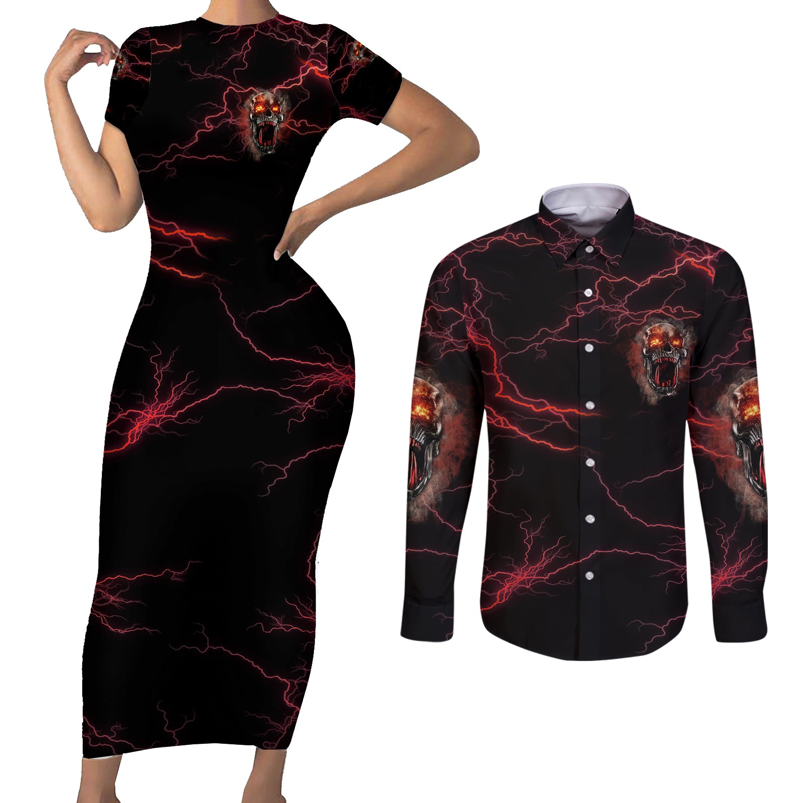 im-never-alone-skull-demon-couples-matching-short-sleeve-bodycon-dress-and-long-sleeve-button-shirt