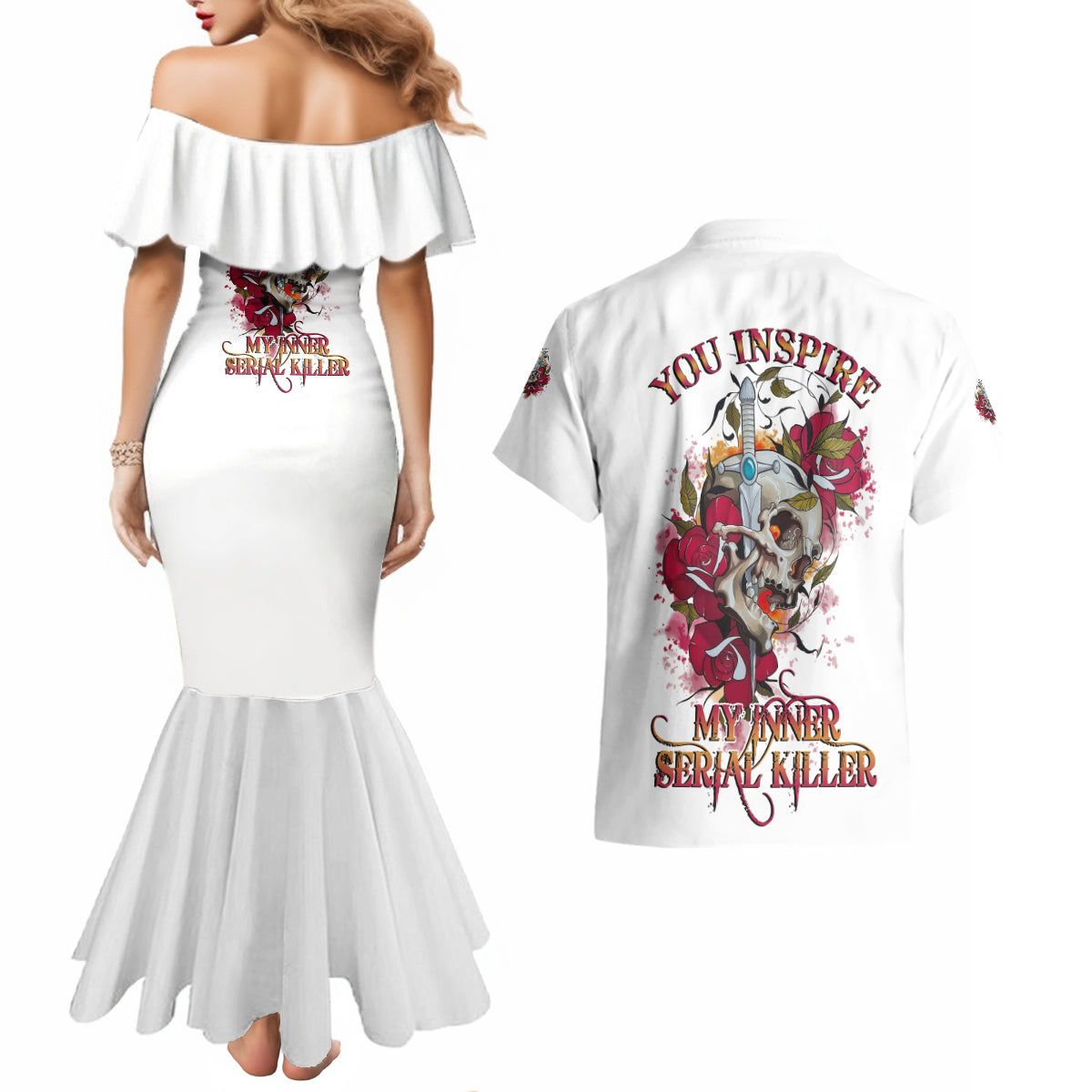 you-inspire-my-inner-serial-k-skull-rose-couples-matching-mermaid-dress-and-hawaiian-shirt