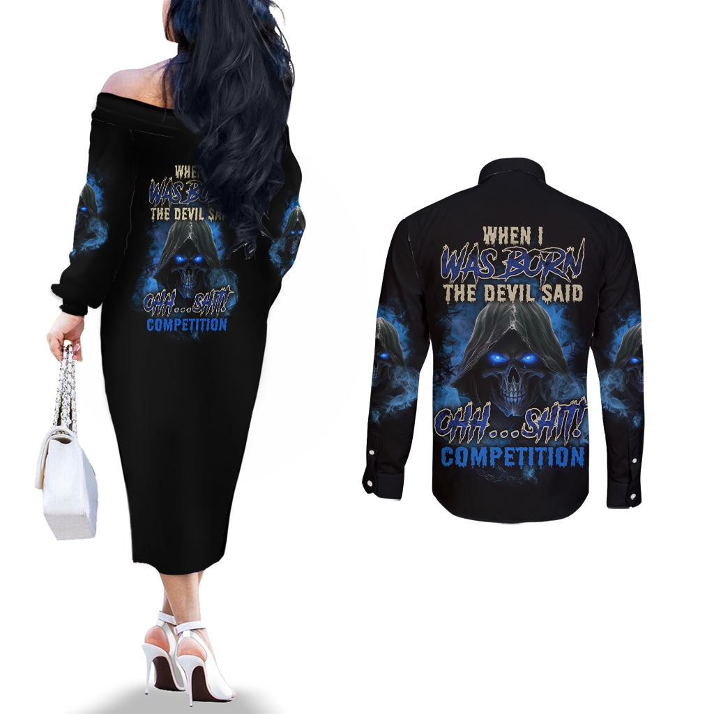 when-i-was-born-reaper-fire-blue-couples-matching-off-the-shoulder-long-sleeve-dress-and-long-sleeve-button-shirt