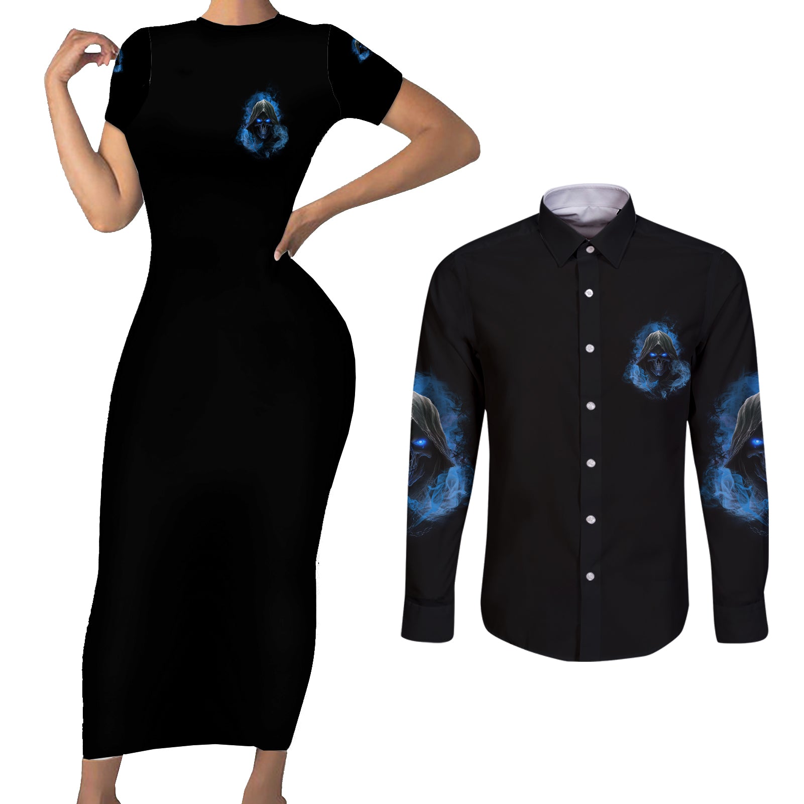 when-i-was-born-reaper-fire-blue-couples-matching-short-sleeve-bodycon-dress-and-long-sleeve-button-shirt