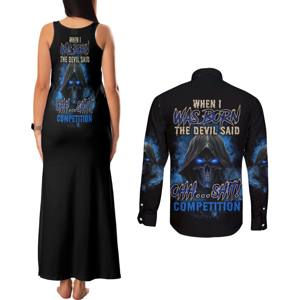 when-i-was-born-reaper-fire-blue-couples-matching-tank-maxi-dress-and-long-sleeve-button-shirt