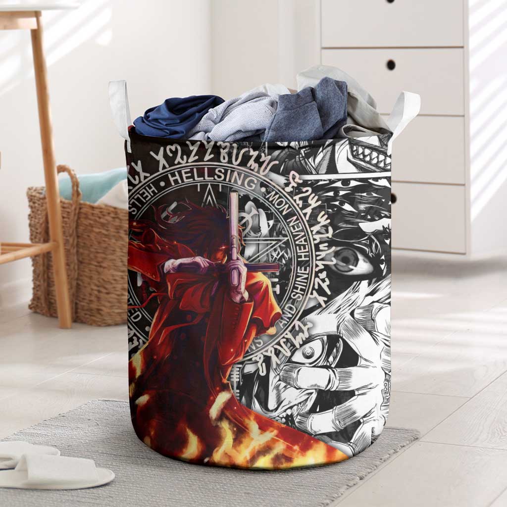 Alucard Hellsing Manga Collage Black and Red Design Laundry Basket with Gun Pose and Symbolic Silhouettes - The Mazicc