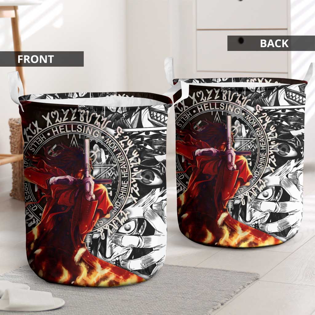 Alucard Hellsing Manga Collage Black and Red Design Laundry Basket with Gun Pose and Symbolic Silhouettes - The Mazicc