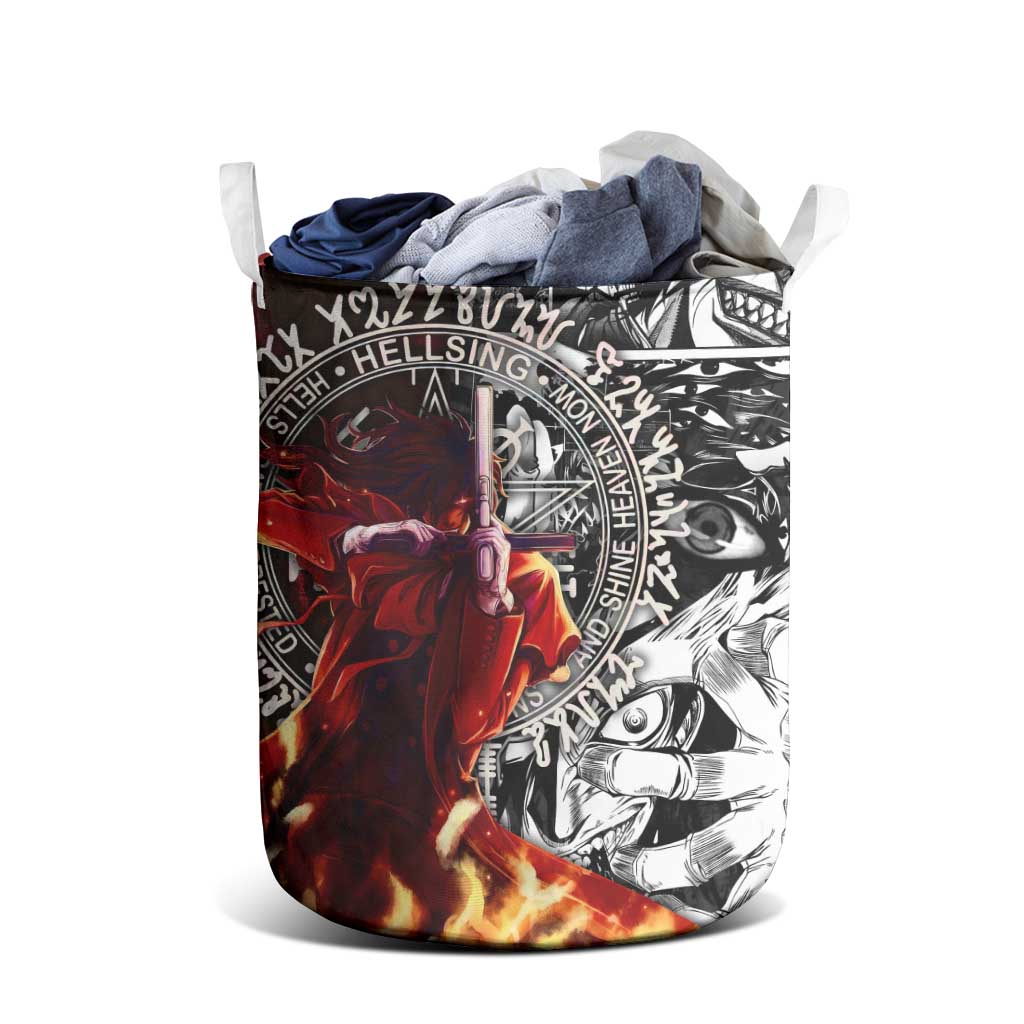 Alucard Hellsing Manga Collage Black and Red Design Laundry Basket with Gun Pose and Symbolic Silhouettes - The Mazicc