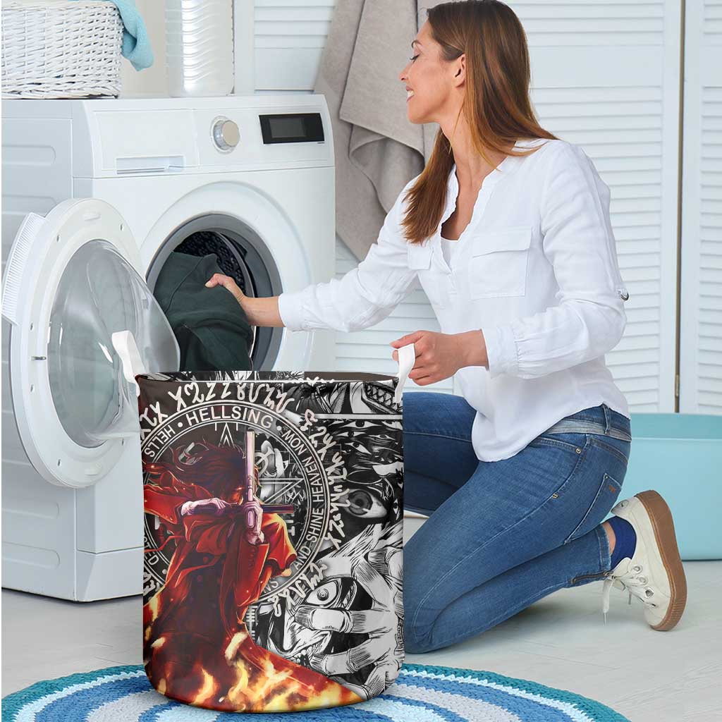 Alucard Hellsing Manga Collage Black and Red Design Laundry Basket with Gun Pose and Symbolic Silhouettes - The Mazicc