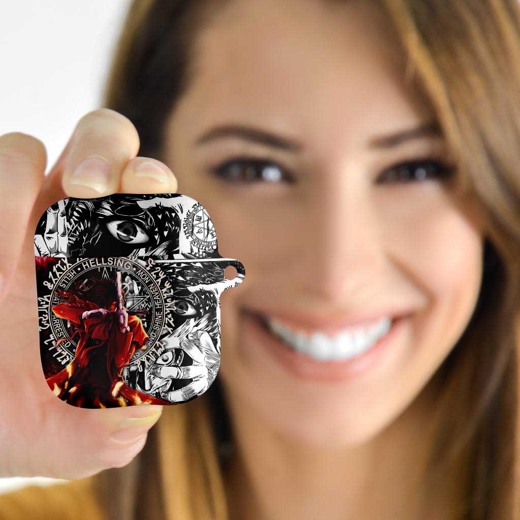 Alucard Hellsing Manga Collage Black and Red Design AirPods Case with Gun Pose and Symbolic Silhouettes - The Mazicc