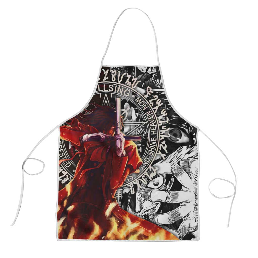 Alucard Hellsing Manga Collage Black and Red Design Apron with Gun Pose and Symbolic Silhouettes - The Mazicc