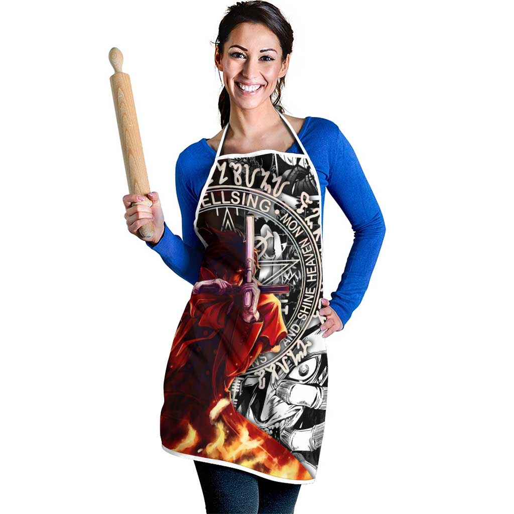 Alucard Hellsing Manga Collage Black and Red Design Apron with Gun Pose and Symbolic Silhouettes - The Mazicc