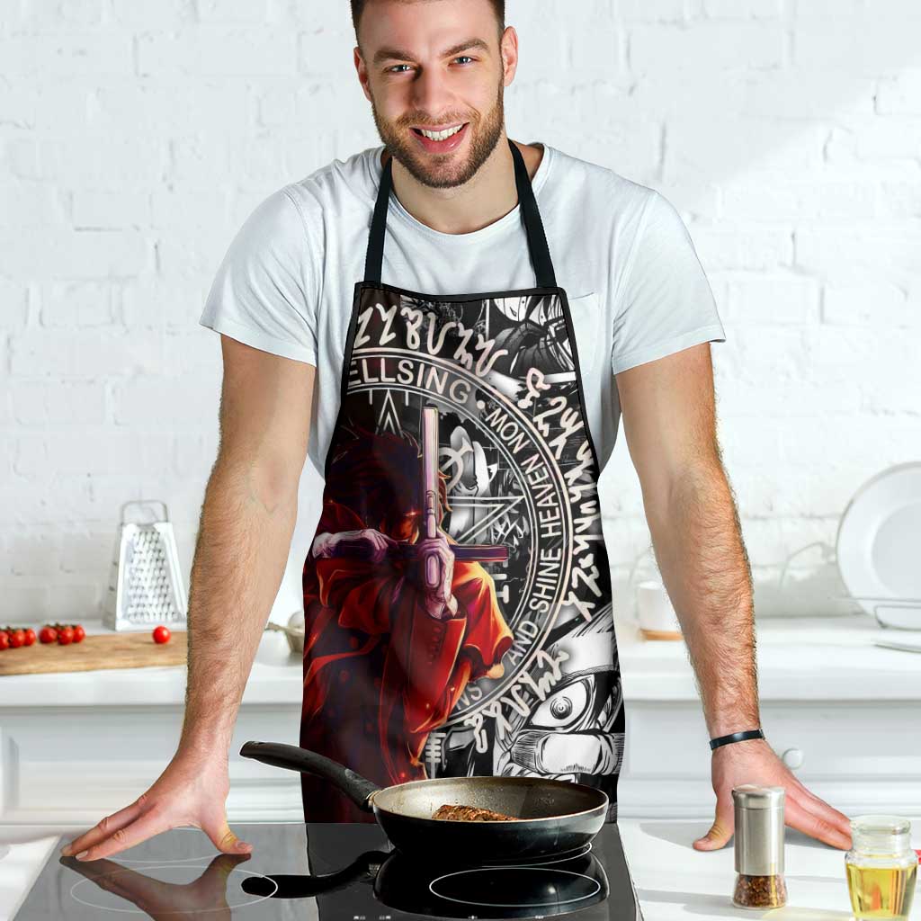 Alucard Hellsing Manga Collage Black and Red Design Apron with Gun Pose and Symbolic Silhouettes - The Mazicc