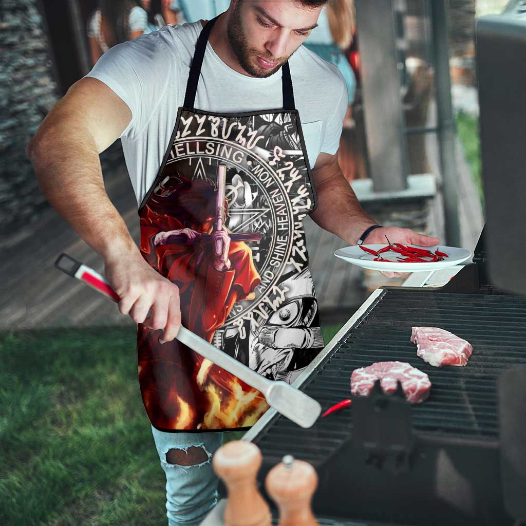 Alucard Hellsing Manga Collage Black and Red Design Apron with Gun Pose and Symbolic Silhouettes - The Mazicc