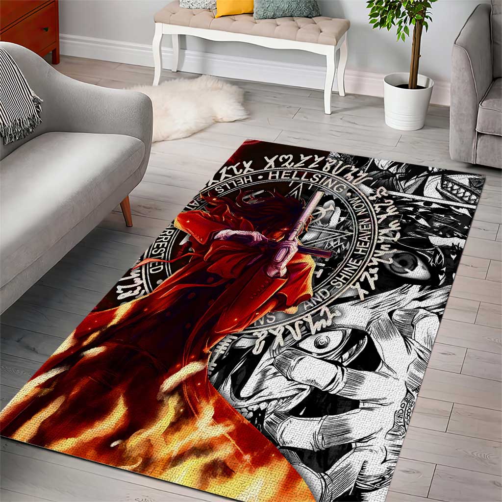 Alucard Hellsing Manga Collage Black and Red Design Area Rug with Gun Pose and Symbolic Silhouettes - The Mazicc