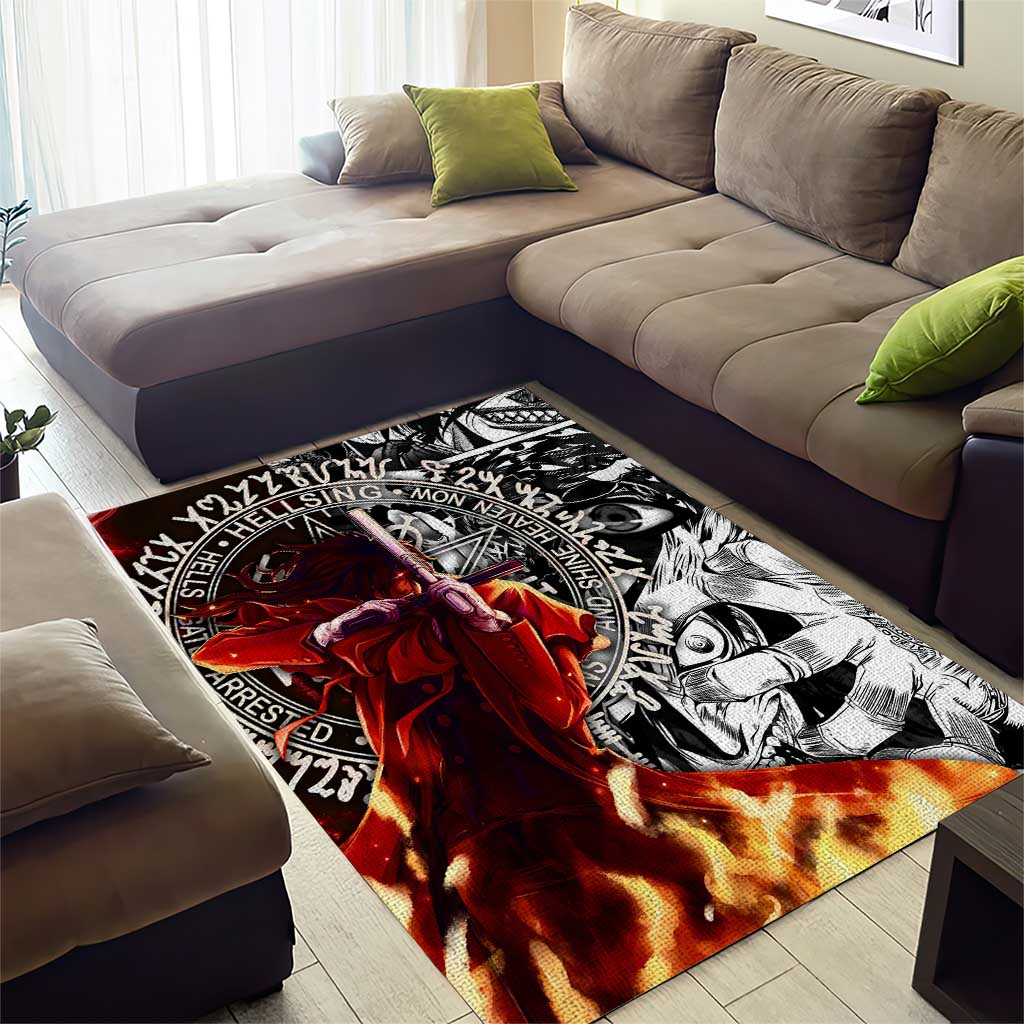 Alucard Hellsing Manga Collage Black and Red Design Area Rug with Gun Pose and Symbolic Silhouettes - The Mazicc