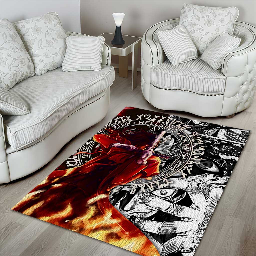 Alucard Hellsing Manga Collage Black and Red Design Area Rug with Gun Pose and Symbolic Silhouettes - The Mazicc