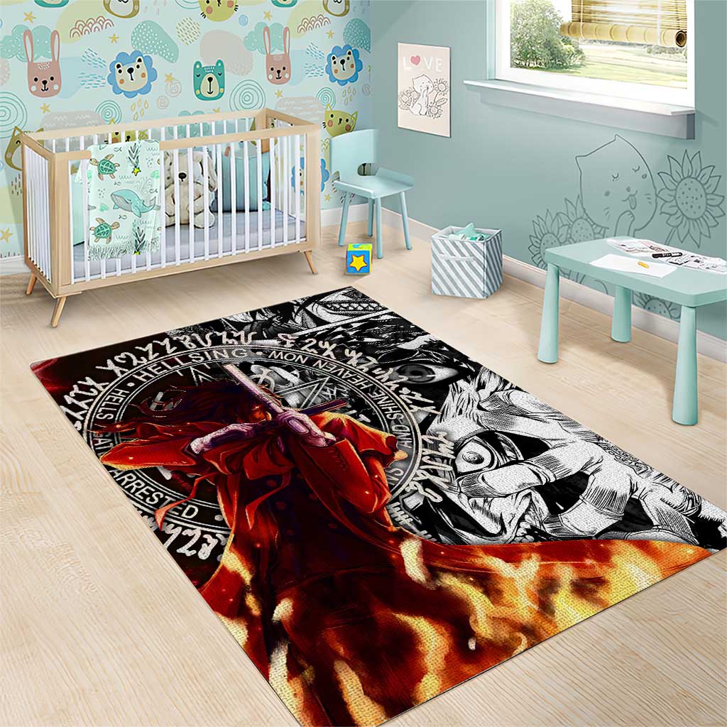 Alucard Hellsing Manga Collage Black and Red Design Area Rug with Gun Pose and Symbolic Silhouettes - The Mazicc