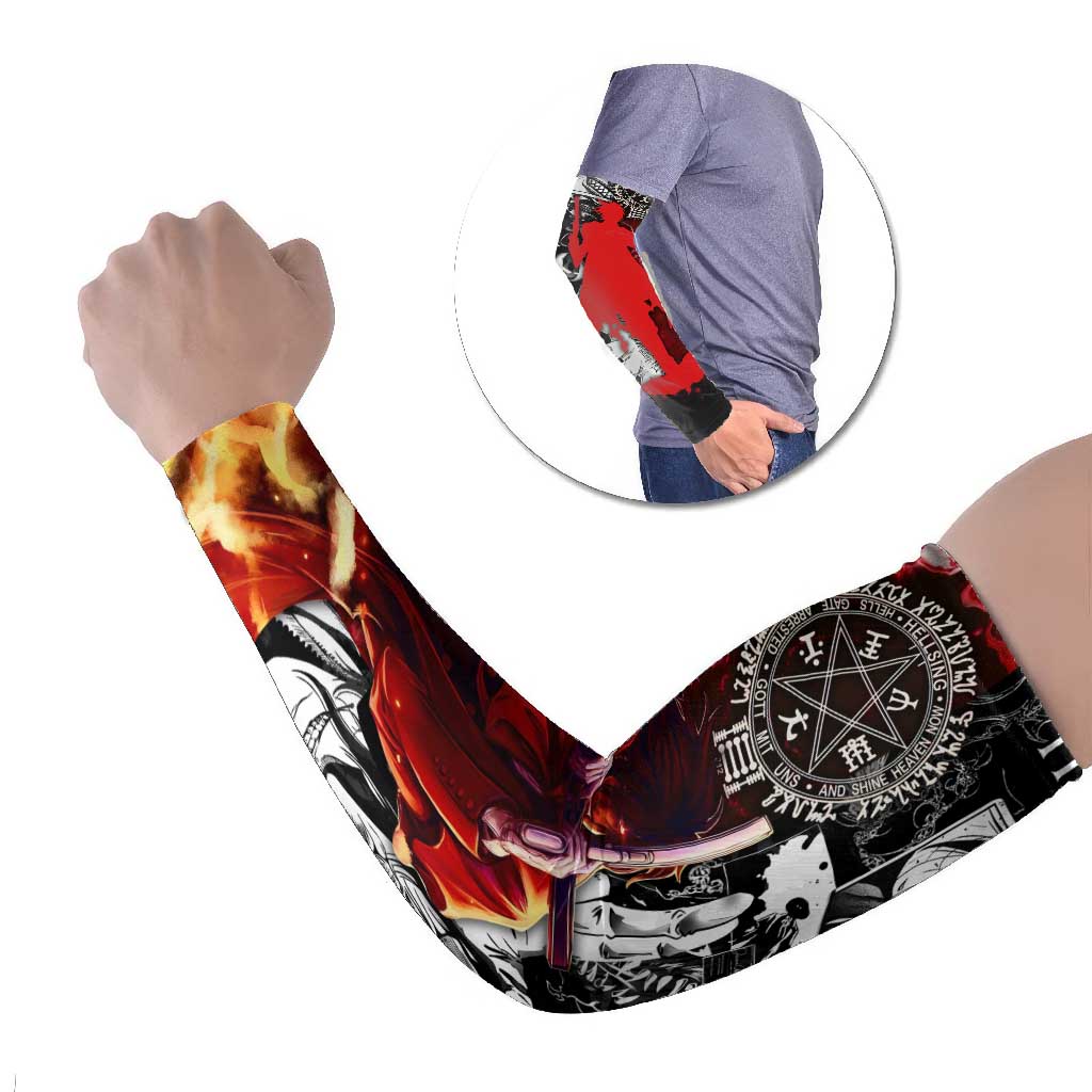 Alucard Hellsing Manga Collage Black and Red Design Arm Sleeves with Gun Pose and Symbolic Silhouettes - The Mazicc