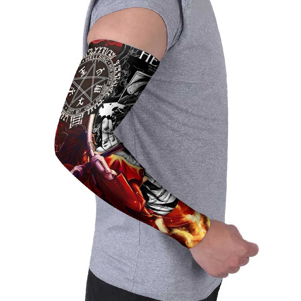 Alucard Hellsing Manga Collage Black and Red Design Arm Sleeves with Gun Pose and Symbolic Silhouettes - The Mazicc
