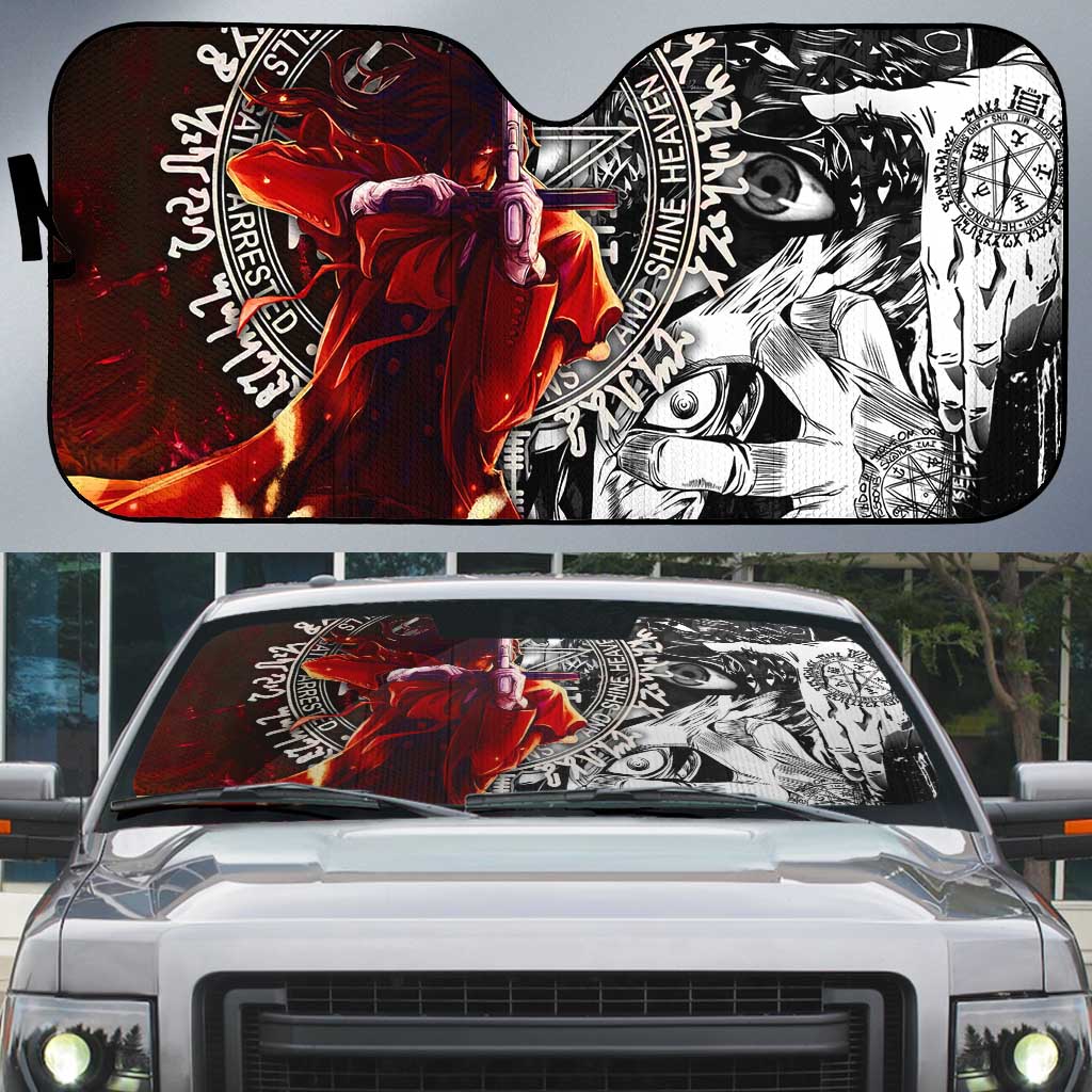 Alucard Hellsing Manga Collage Black and Red Design Auto Sun Shade with Gun Pose and Symbolic Silhouettes - The Mazicc