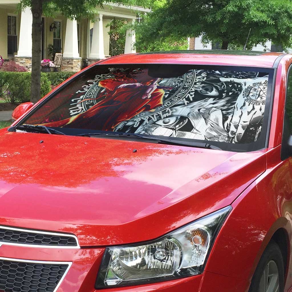 Alucard Hellsing Manga Collage Black and Red Design Auto Sun Shade with Gun Pose and Symbolic Silhouettes - The Mazicc